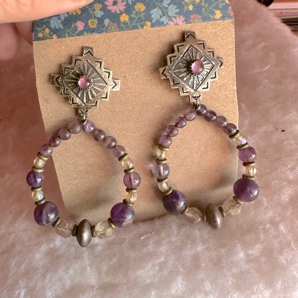 Southwest Inspired Beaded Hoop Amethyst Earrings - Picture 1 of 8
